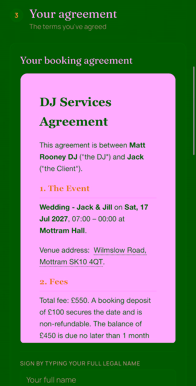 The booking agreement in the client portal, signed online