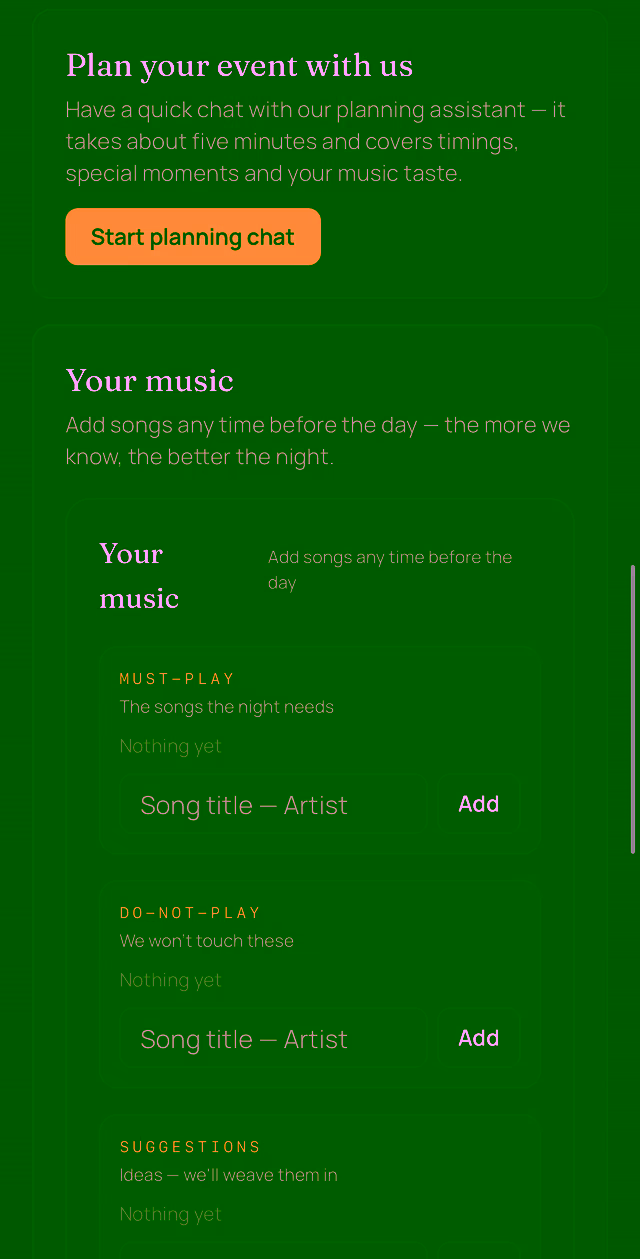 The music planner in the client portal: must-play, do-not-play and suggestion lists