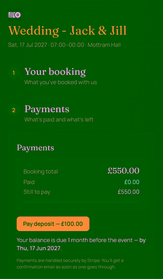 The payments screen in the client portal showing deposit and balance, secured by Stripe